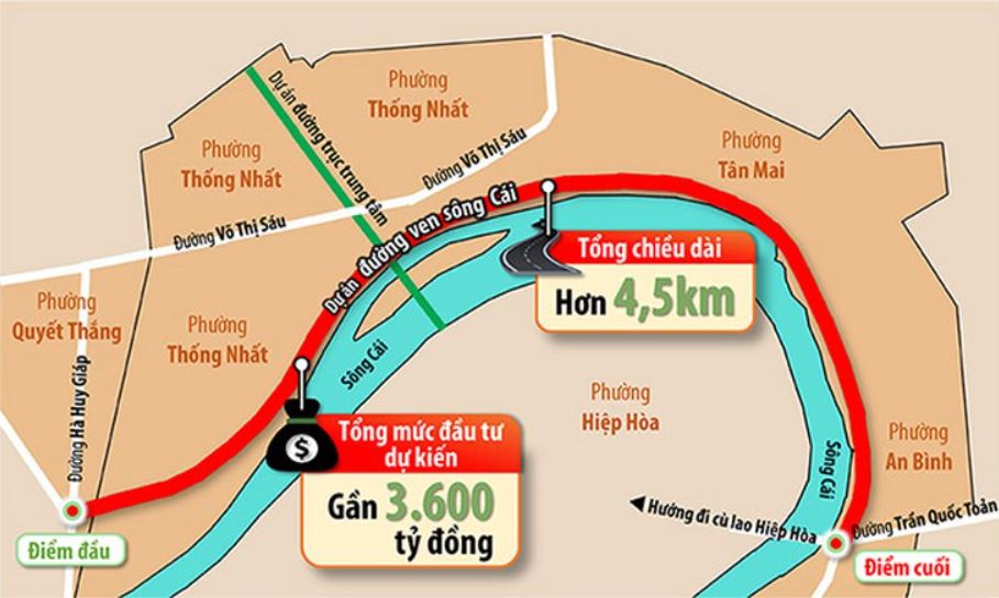 Dự án đường ven sông Cái từ đường Hà Huy Giáp đếnTrần Quốc Toản với tổng vốn đầu tư khoảng 3.960 tỷ đồng